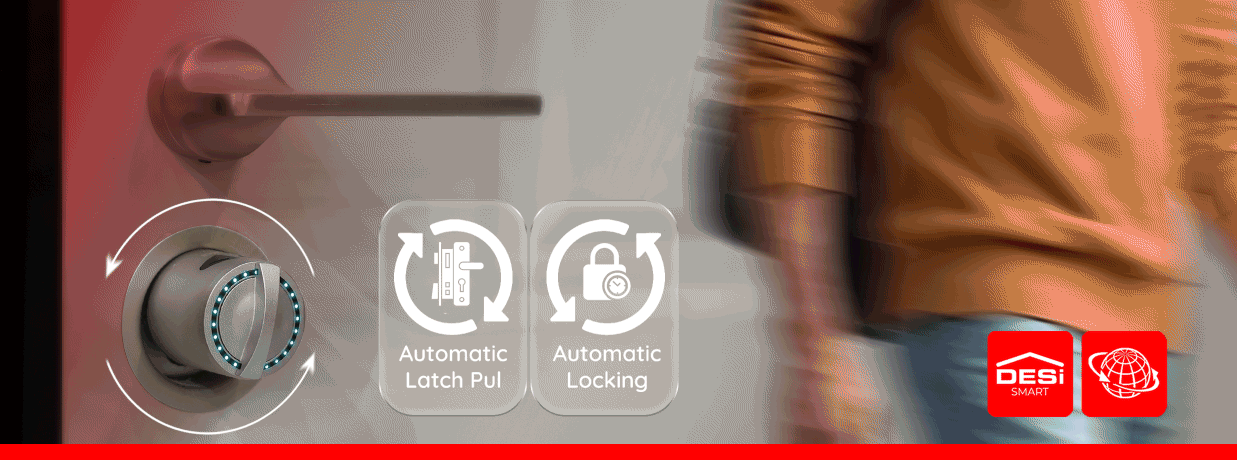 Automatic latch pull and automatic locking as you leave